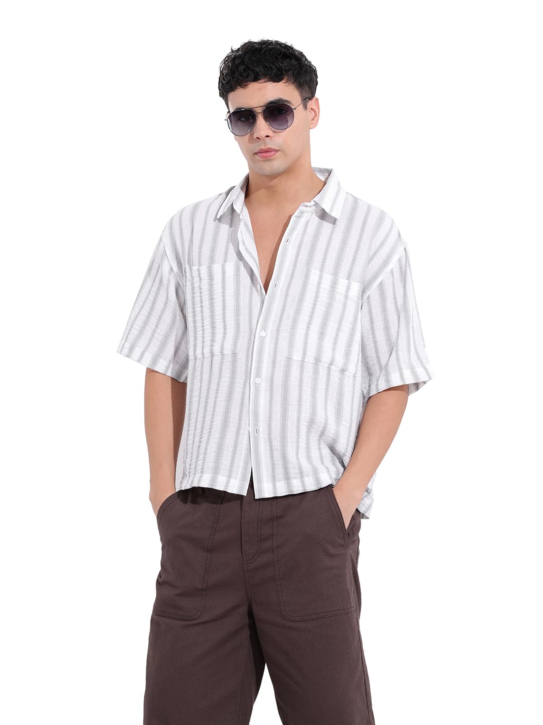 The Indian Garage Co Mens Boxy Fit Vertical Striped Cutaway Collar Half Sleeves Resort Shirt