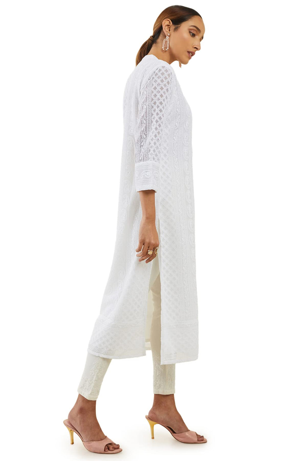 Soch Womens Off White Georgette Straight Kurta With Self Embroidered Designs