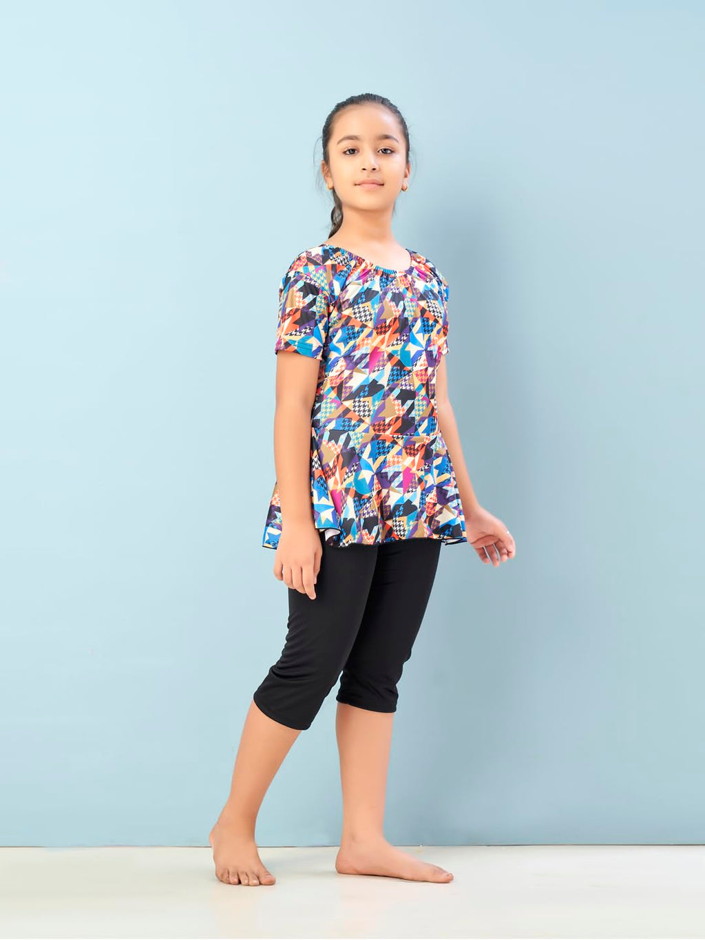 Aarika Girls Sports Wear Multi-Black Colour Abstract Print Nylon Swim Suit (5-15 Years)-(SW-SHM-C-1115)