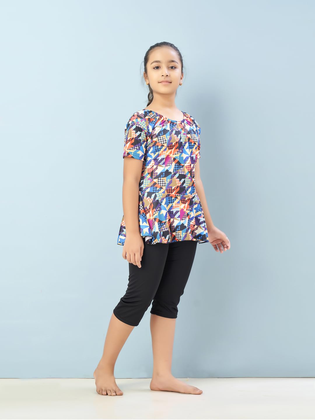 Aarika Girls Sports Wear Multi-Black Colour Abstract Print Nylon Swim Suit (5-15 Years)-(SW-SHM-C-1115)