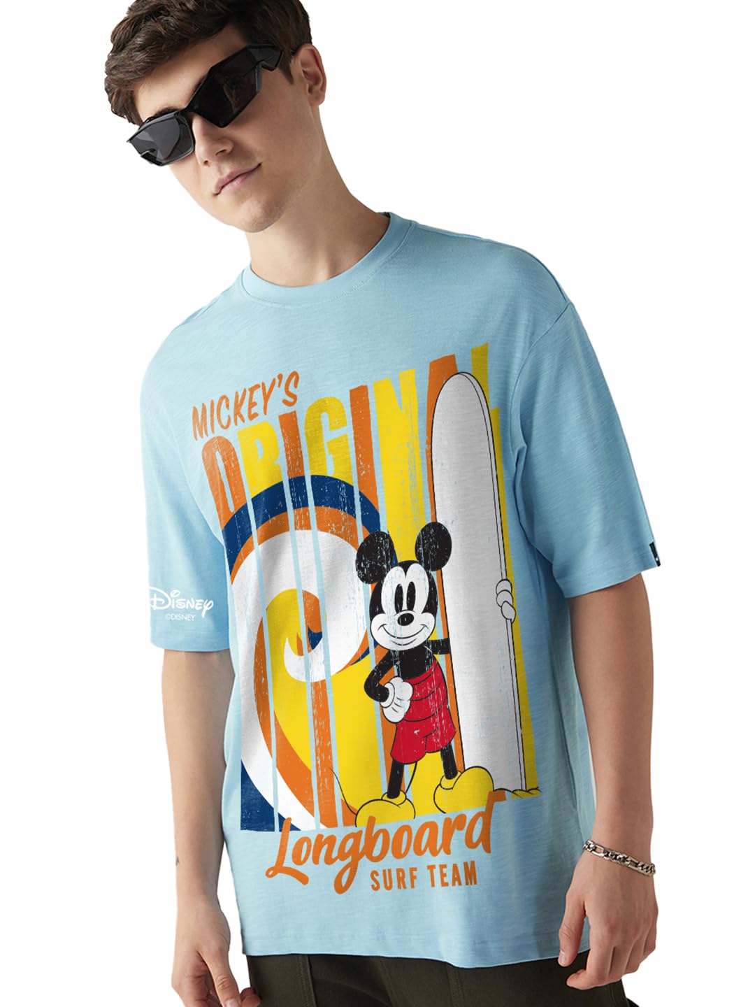 Bewakoof Air 1.0 Official Disney Merchandise Mickey MenS Graphic Print Oversized Fit Half Sleeve Round Neck Cotton Jersey T-Shir