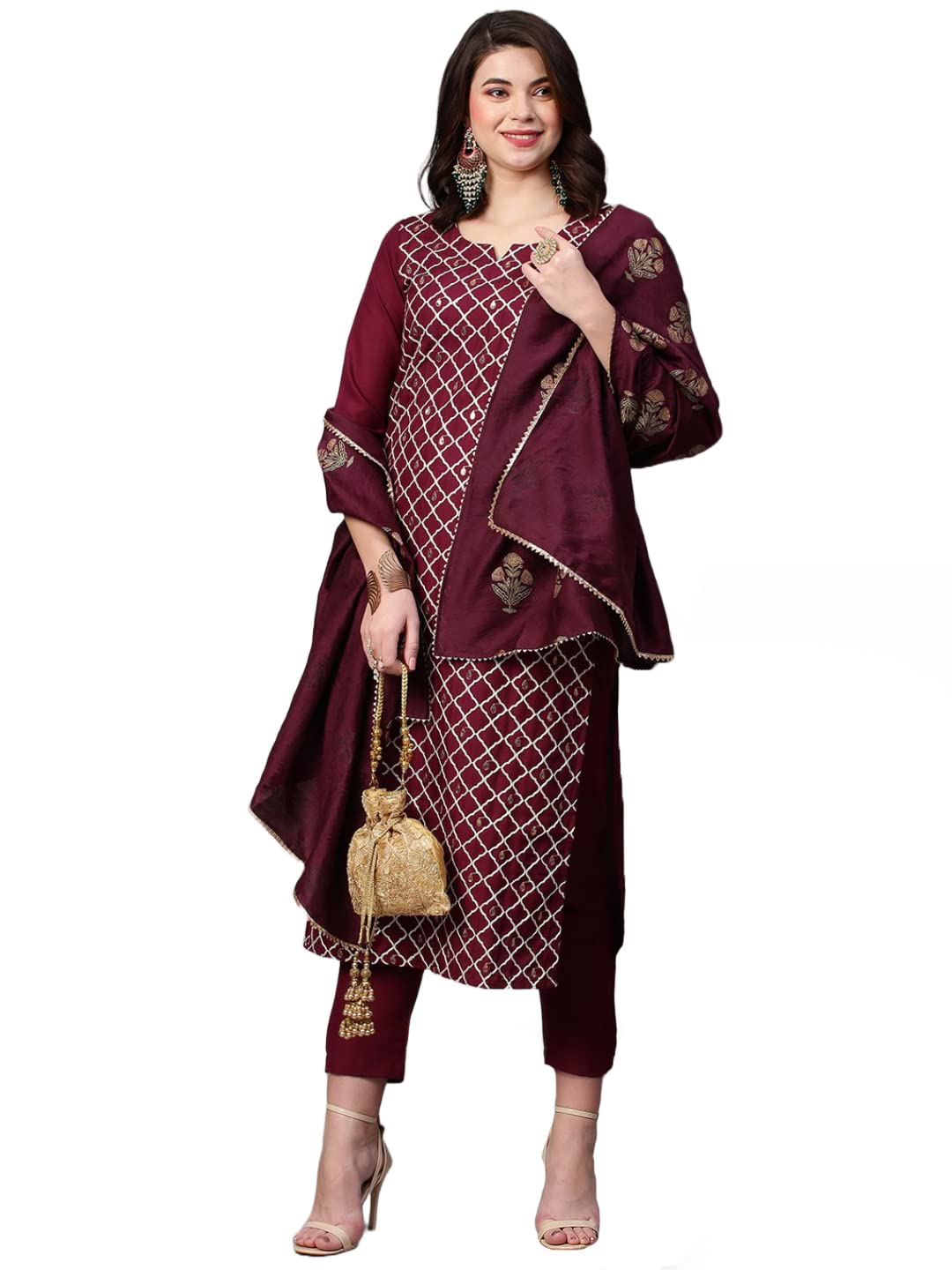 ANNI DESIGNER Womens Cotton Blend Embroidered Straight Kurta with Pant & Dupatta (MYSURU-Wine_XL_Wine_X-Large)