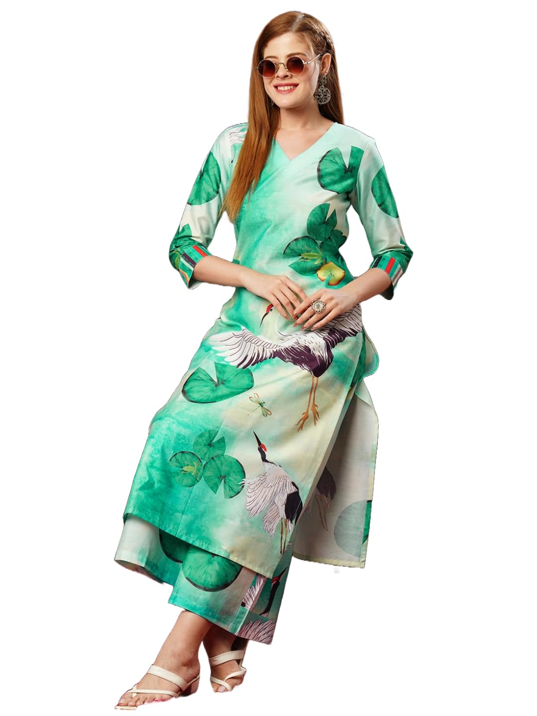 ANNI DESIGNER Womens Cotton Blend Straight Printed Kurta with Palazzo (Swans See Green-JL_XXL_See Green_XX-Large)