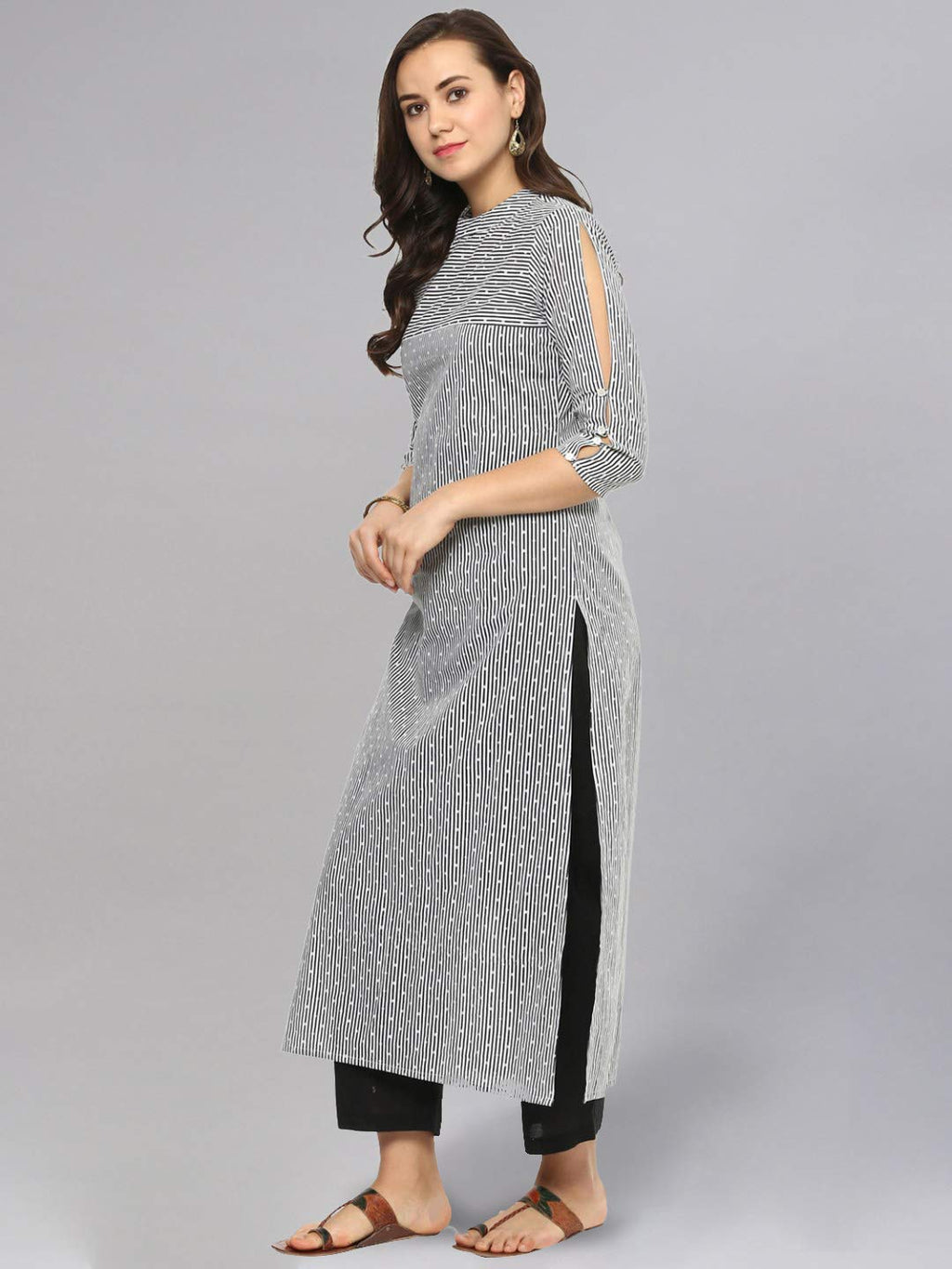 Idalia Black And White Dotted Stripes Straight Cotton Kurta For Women