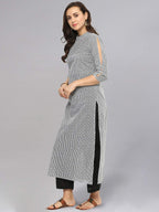 Idalia Black And White Dotted Stripes Straight Cotton Kurta For Women