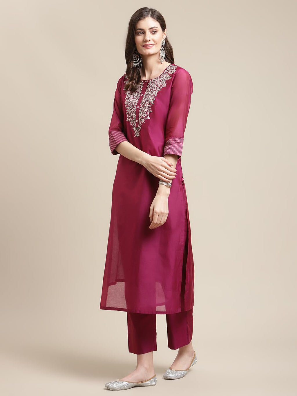Varanga Women Magenta Zari Embroidery Kurta Trouser Set with Floral Printed Organza Dupatta  Elegant Ethnic Wear for Women, Perf