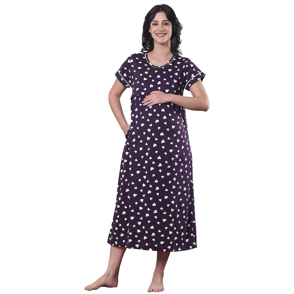 Secret Wish Violet Heart Print Hosiery Maternity Nighty/Maxi Nighty/Feeding/Nursing/Zipper/Printed/Nighty/Night Gown