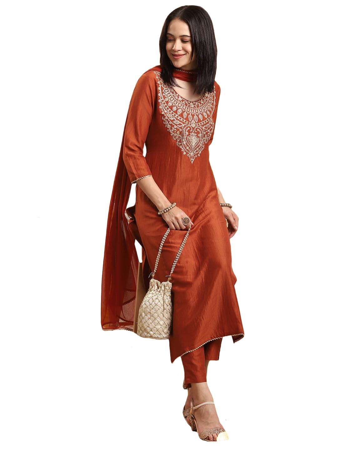 ANNI DESIGNER Womens Rayon Viscose Straight Embroidered Kurta with Pant & Dupatta (GALPATIYO MUSTARD-VKS01_L_Mustard_Large)