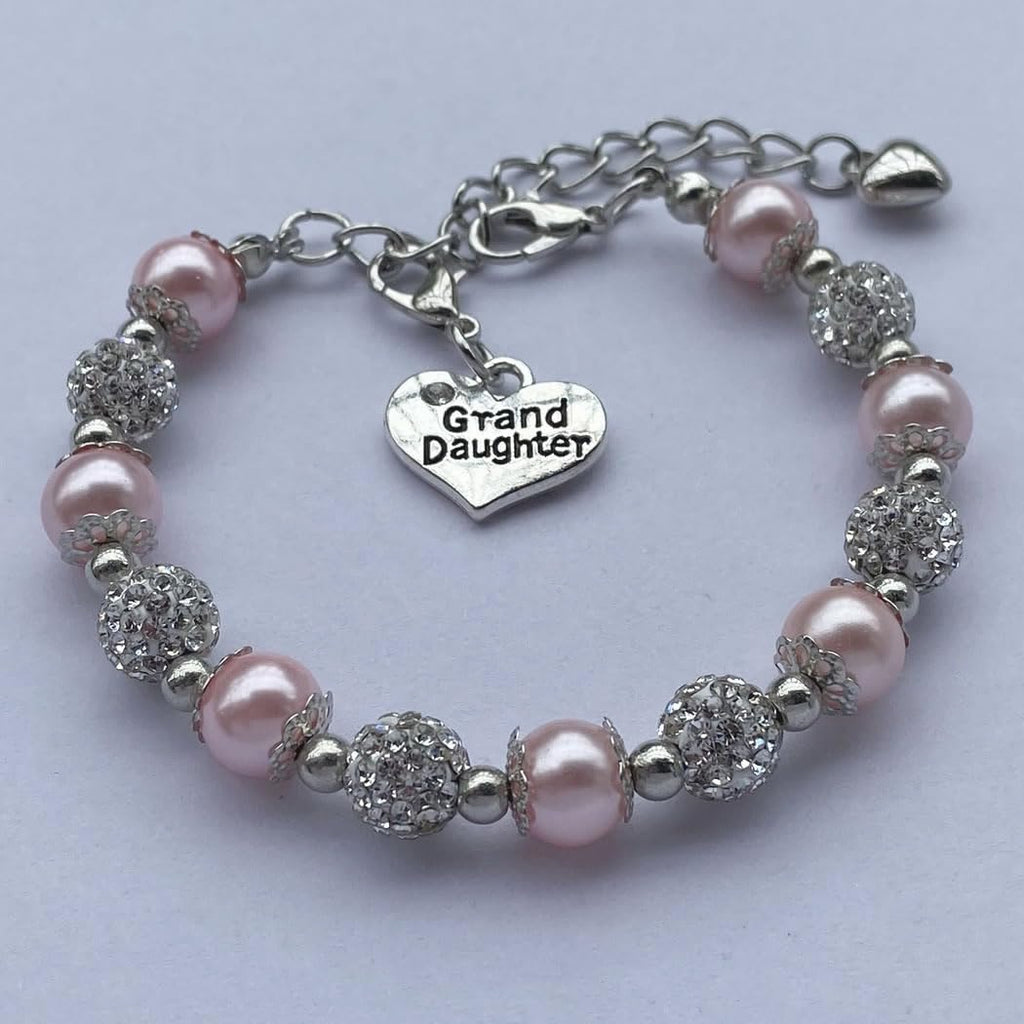 DOLON Pink Faux Pearls Beaded Heart Charm Granddaugther Bracelet Jewelry with Rhinestone Balls Faux Pearl Birthday Christmas Hol