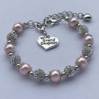 DOLON Pink Faux Pearls Beaded Heart Charm Granddaugther Bracelet Jewelry with Rhinestone Balls Faux Pearl Birthday Christmas Hol