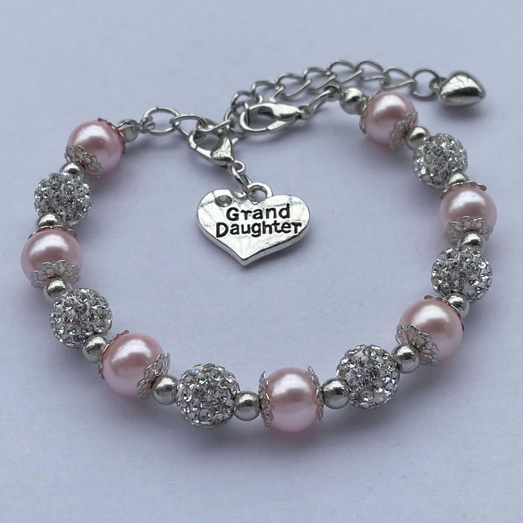 DOLON Pink Faux Pearls Beaded Heart Charm Granddaugther Bracelet Jewelry with Rhinestone Balls Faux Pearl Birthday Christmas Hol