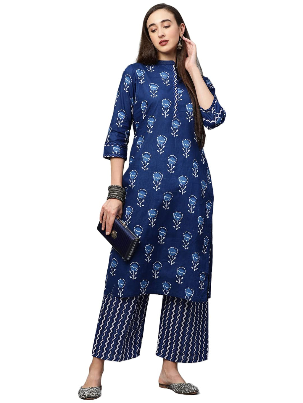 ANNI DESIGNER Womens Cotton Blend Straight Floral Printed Kurta and Pant (Blue Flower-SM_S_Blue_Small)