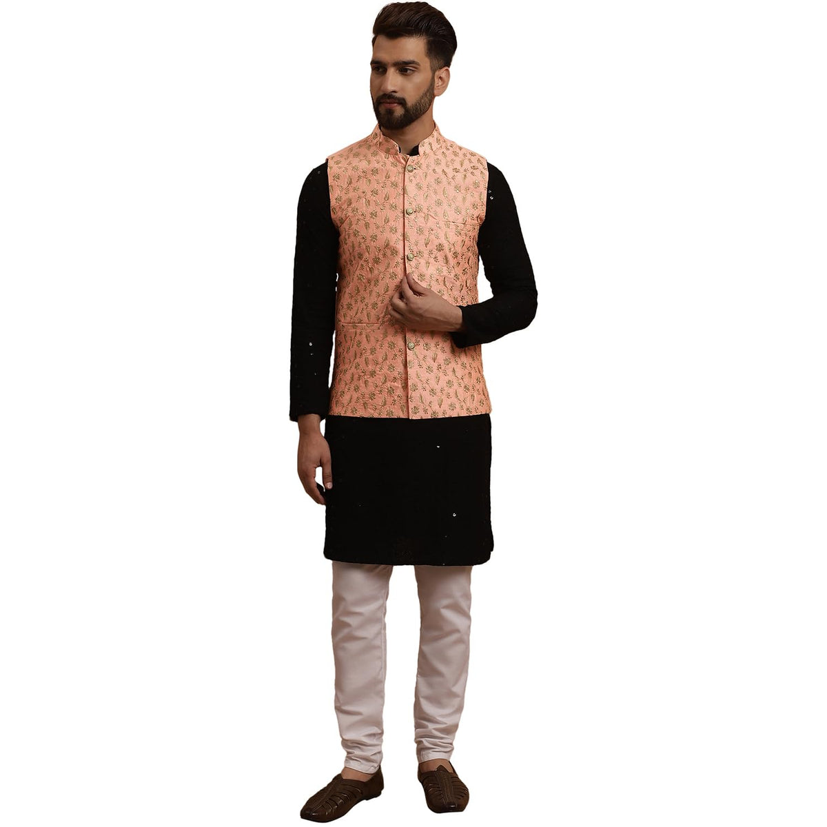 SOJANYA (Since 1958 Mens Cotton Black Kurta and White Pyjama Peach Embroidery Nehru Jacket