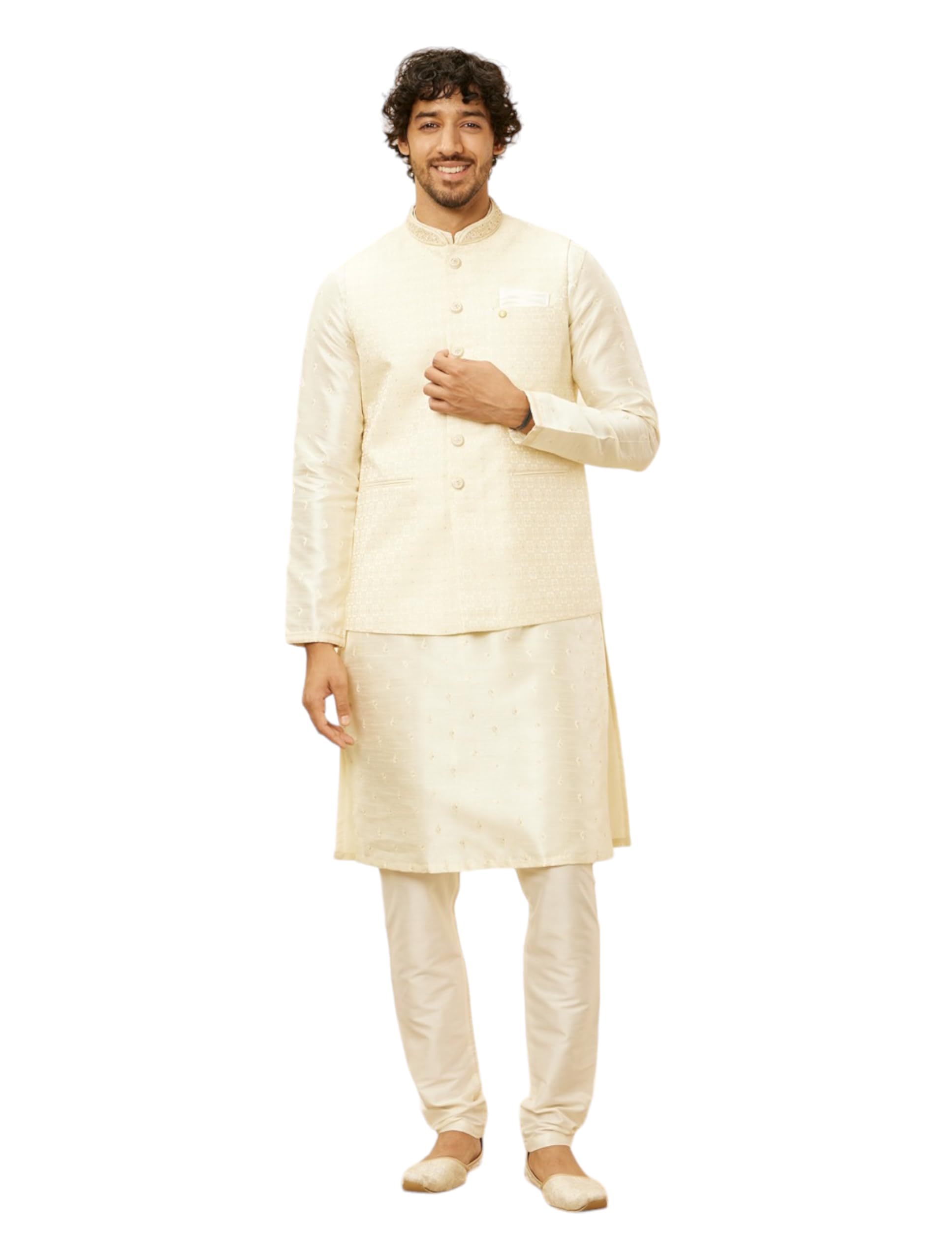 Manyavar Mens Cream Art Silk Self Design Jackets