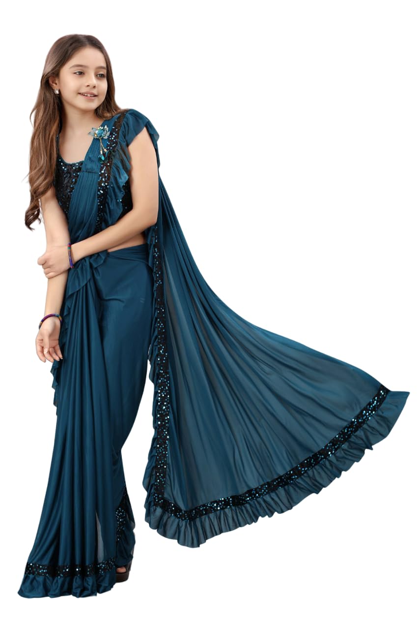 Dhyey Fashion Fashionable Baby Girls Lycra Blend Saree With Velvet Unstitched Blouse Piece | Readymade Saree For Girls | Sarees