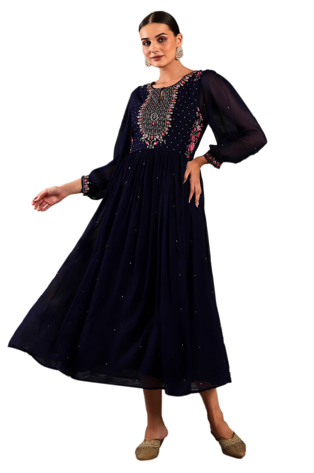 W Blue Floral Printed Synthetic Maxi Dress With Sequins For Women