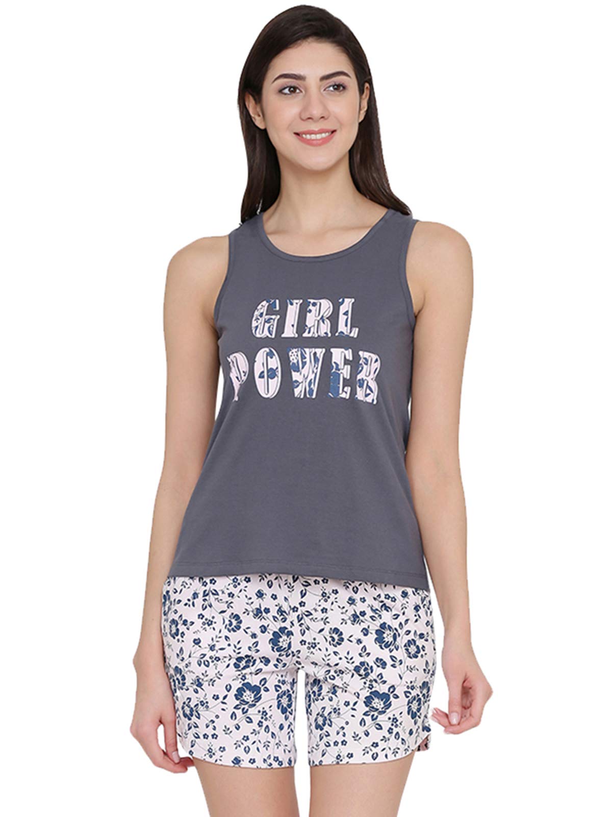 Clovia Womens Cotton Floral Top and Shorts Set Pack of 1 (LS0462P05L_Grey_Large)