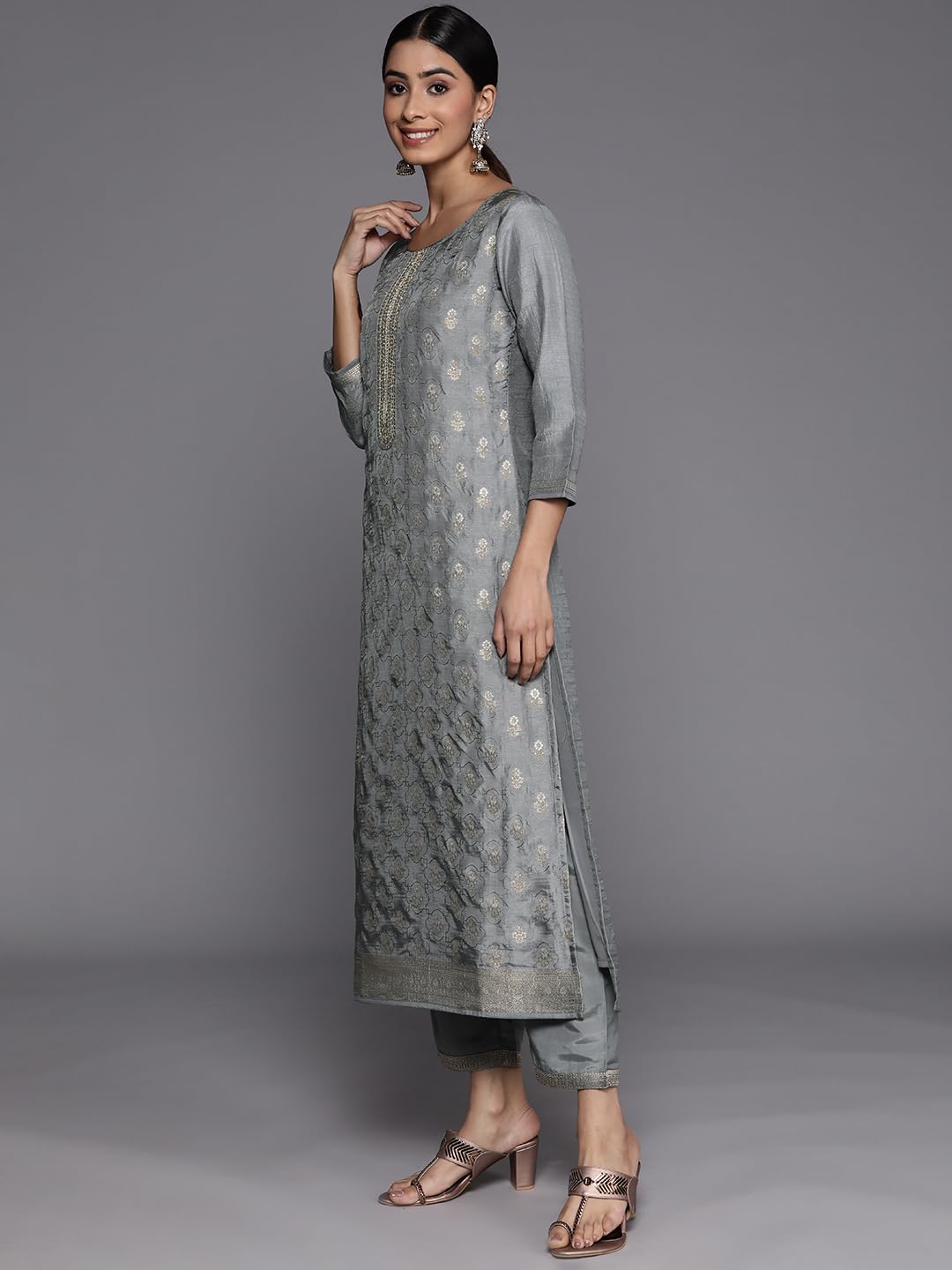 Libas Grey Self Design Silk Blend Straight Kurta With Trousers & Dupatta