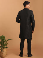 VASTRAMAY Mens Black Viscose Sherwani Set | Mirror work Embellished Viscose Indo Western And Pant Style Pyjama For Men.