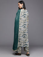 Varanga Women Women Beige And Teal Abstract Printed A-Line Kurta Paired With Tonal Bottom And Solid Dupatta