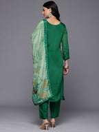 Varanga Women Green V-Neck Dabka And Cutdana Work Straight Kurta Paired With Bottom And Embroidered Dupatta