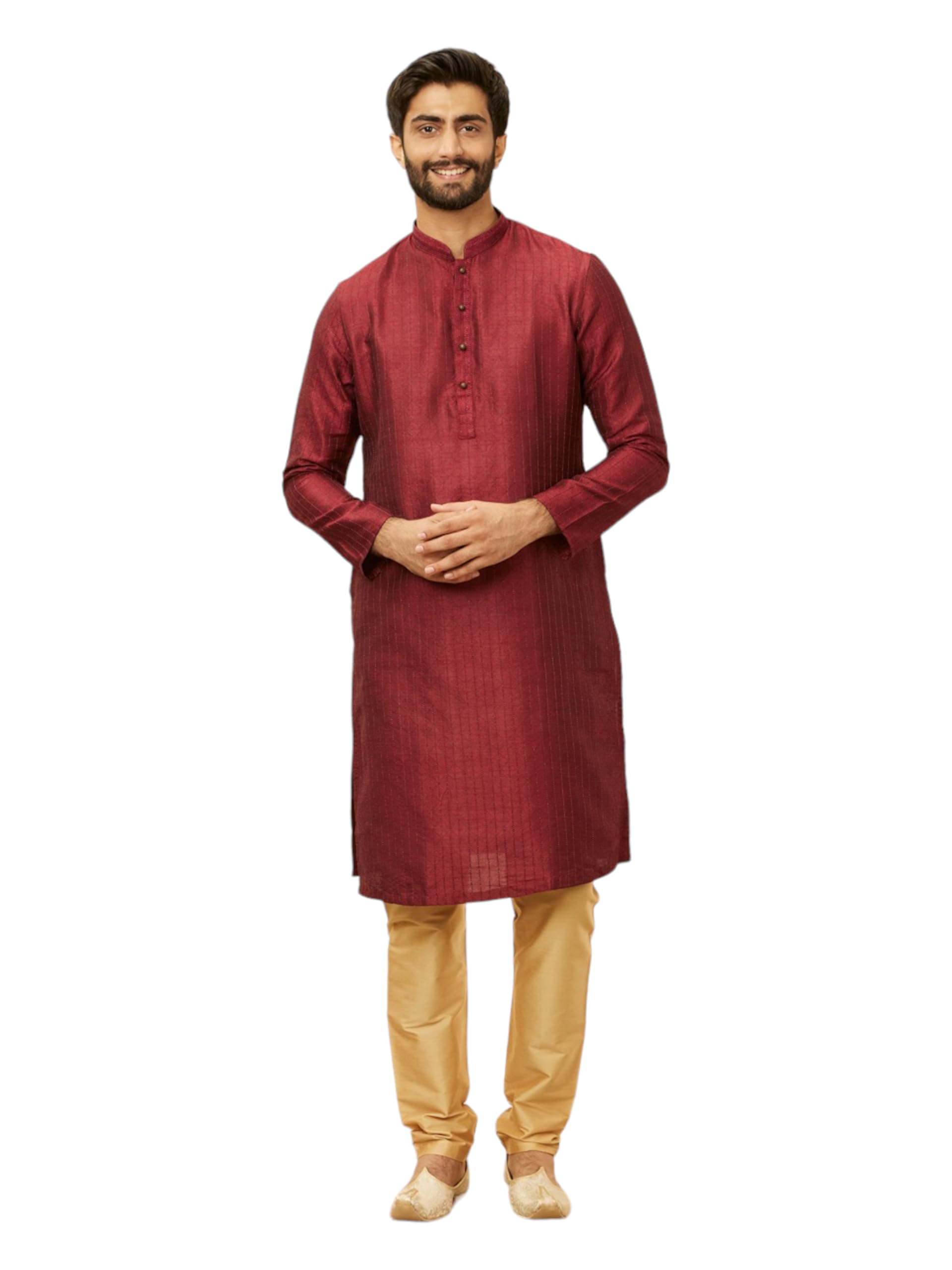 Manyavar Mens Maroon Art Silk Self Design Kurta Pyjama Set