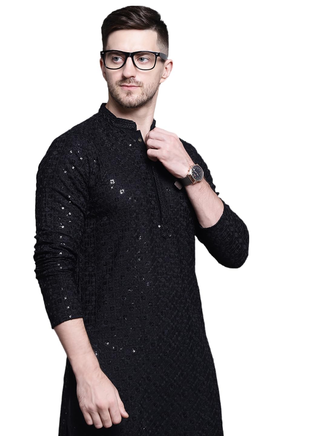 Jompers MenS Sequin Embroidered Pure Cotton Kurtas (Black, M)