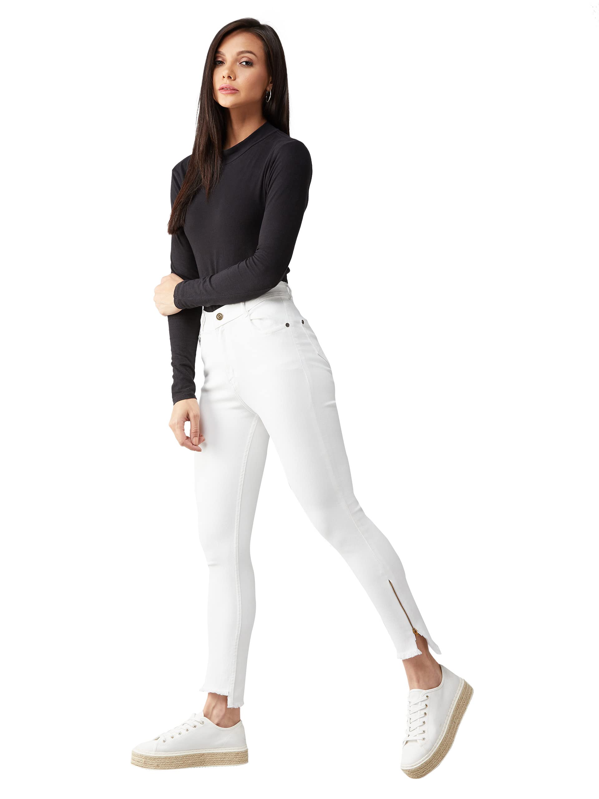Dolce Crudo Womens White Skinny Fit High Rise Side Slit Raw Edge Detailing Clean Look Cropped Stretchable Denim Jeans (DOSS19DE