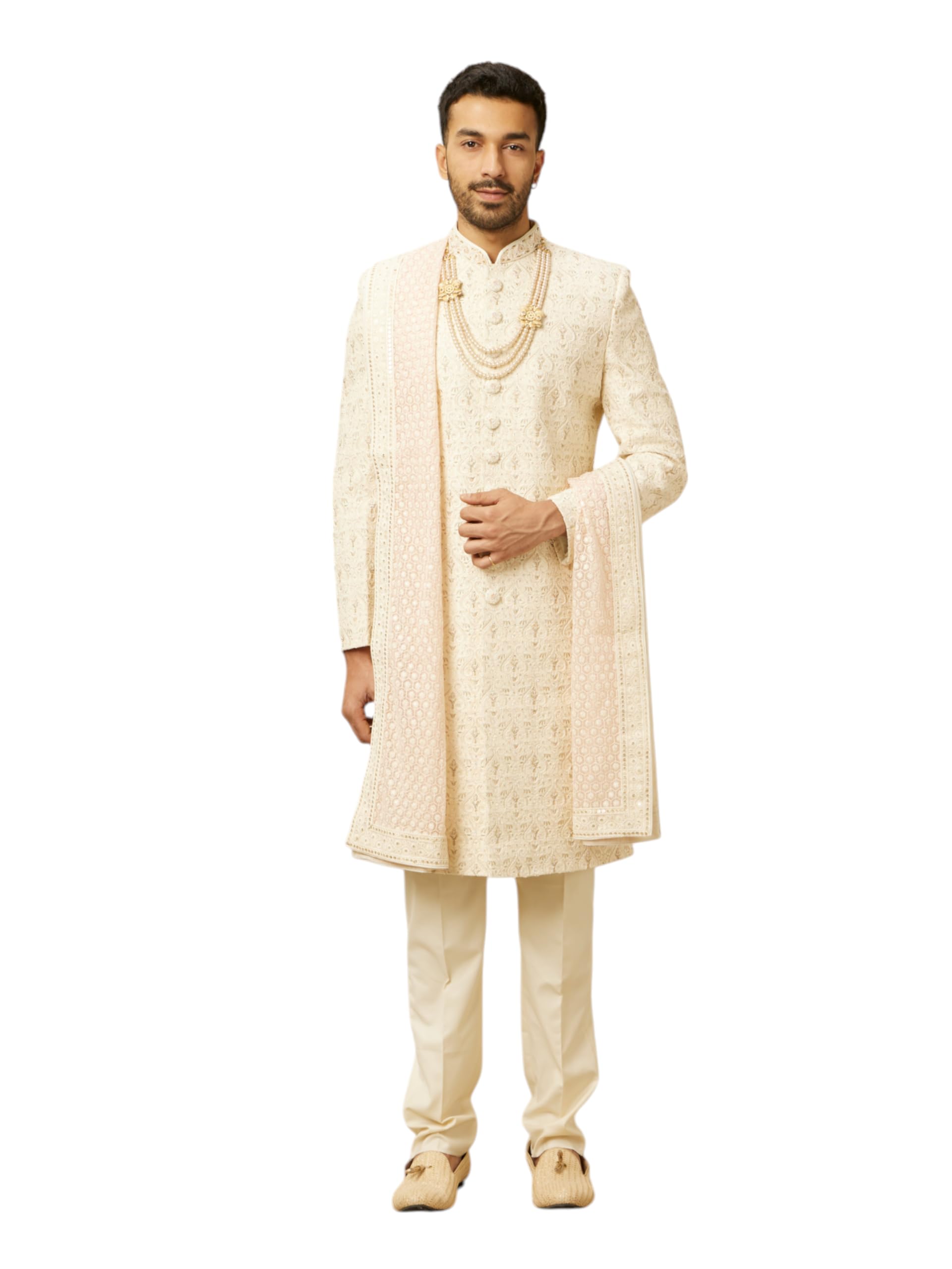 Manyavar MenS Net Chikankari|Embroidery|Sequin Work Dupatta (Pink,2.65 M)