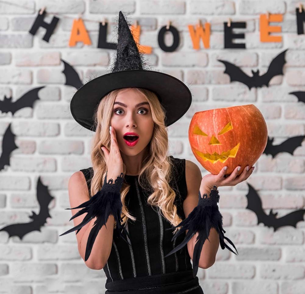 L'VOW Real Nature Feather Cuffs for Game Party Halloween Pack of 2 Black