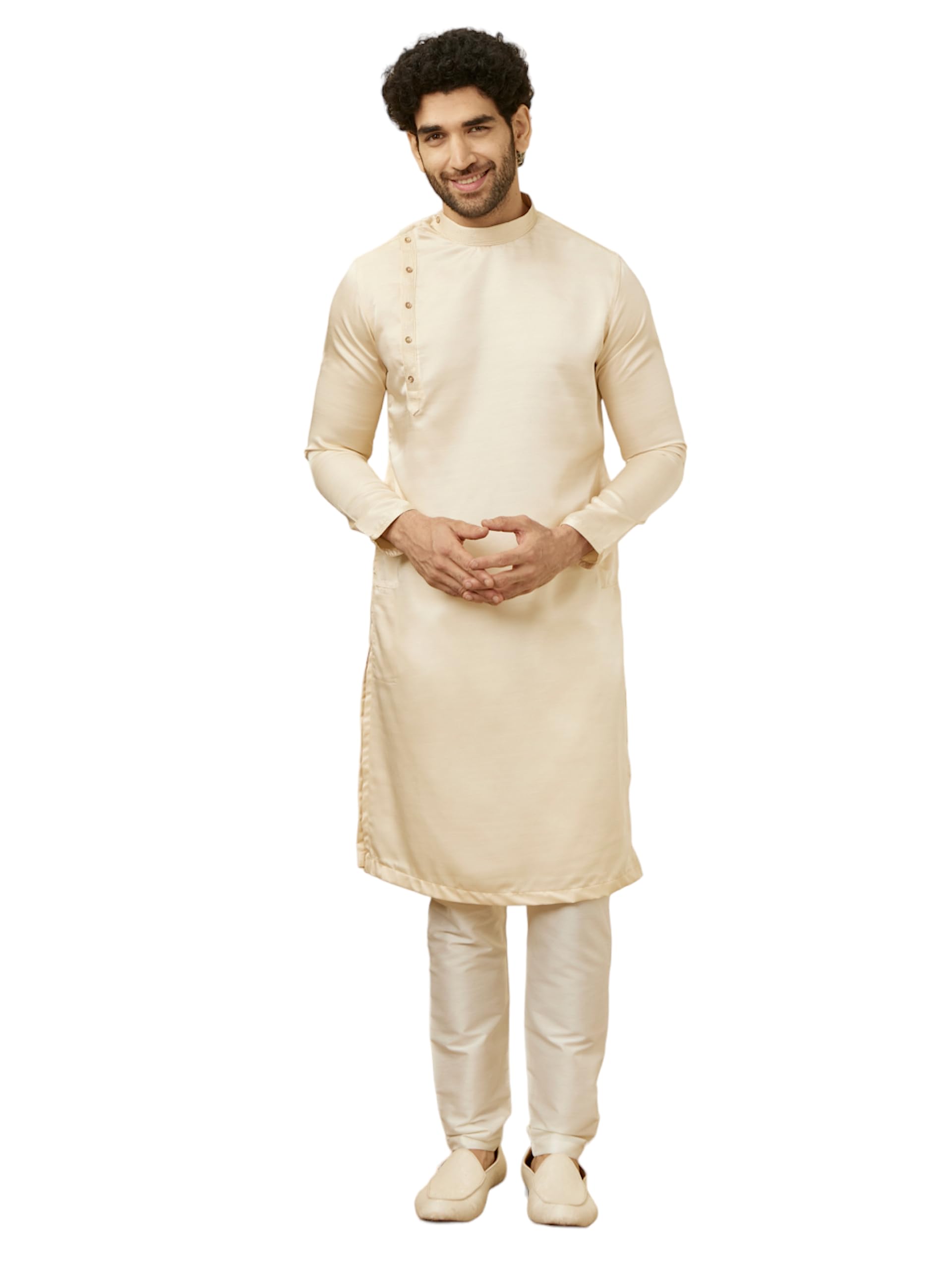 Manyavar Mens Satin Solid Full Sleeves Casual,Traditional Kurta & Payjama Set (Beige, M)