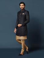 Kisah MenS Navy Blue And Golden Indo-Western Kurta Sherwani Churidar Set Cotton Full Sleaves, Knee Length, Straight, Regular Fi