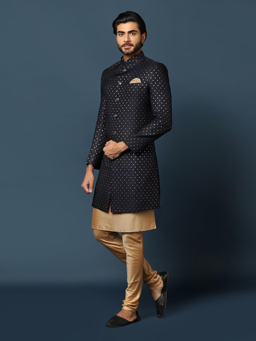 Kisah MenS Navy Blue And Golden Indo-Western Kurta Sherwani Churidar Set Cotton Full Sleaves, Knee Length, Straight, Regular Fi