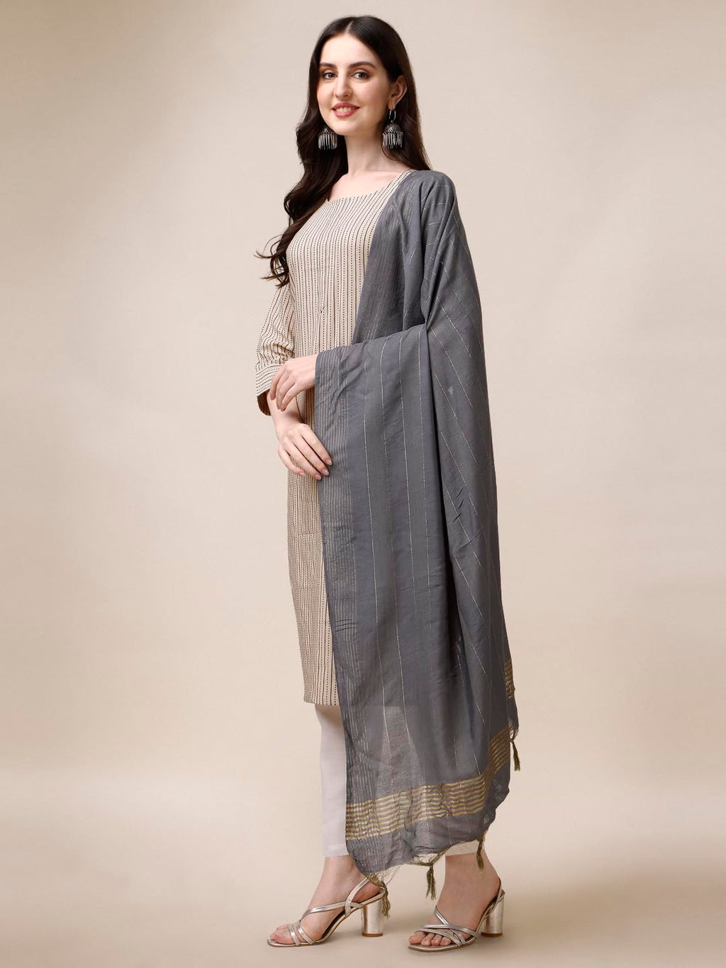 Fashion Basket Women Cotton Striped Printed Kurta Set With Pant & Dupatta (Medium, Beige)