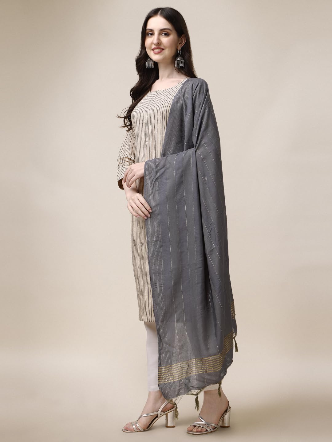 Fashion Basket Women Cotton Striped Printed Kurta Set With Pant & Dupatta (Medium, Beige)