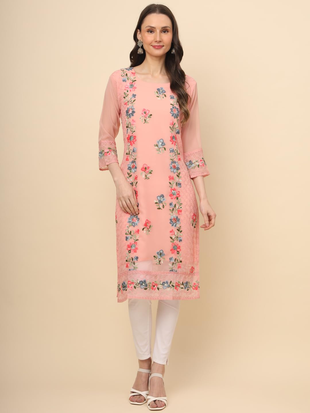 Ekasya WomenS Georgette Straight Cut Round Neck Kurta With Beautiful Embroidery Work (E1628) - Elegant Design, Intricate Embroi