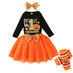 Baby Girls Halloween Outfits Costume My 1st Halloween Romper+ Tutu Skirt+ Striated Leg Warmer+ Bunny Headband 4Pcs Outfit Set (B)