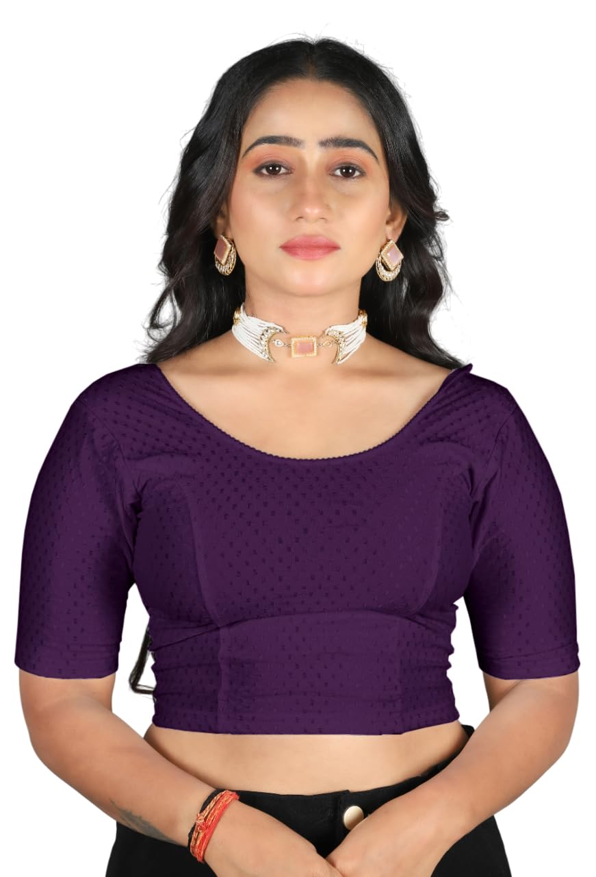 Mrswears WomenS Slim Fit Readymade Stretchy 100% Pure Cotton Dobby Elbow Length Saree BlousecottonDobby1PurpleOs 40-46