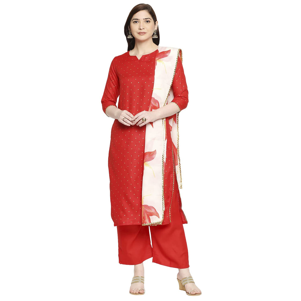 ANNI DESIGNER Women's Rayon Straight Kurta with Pant & Dupatta (Rayon RED_GSK_XL_Red_X-Large)