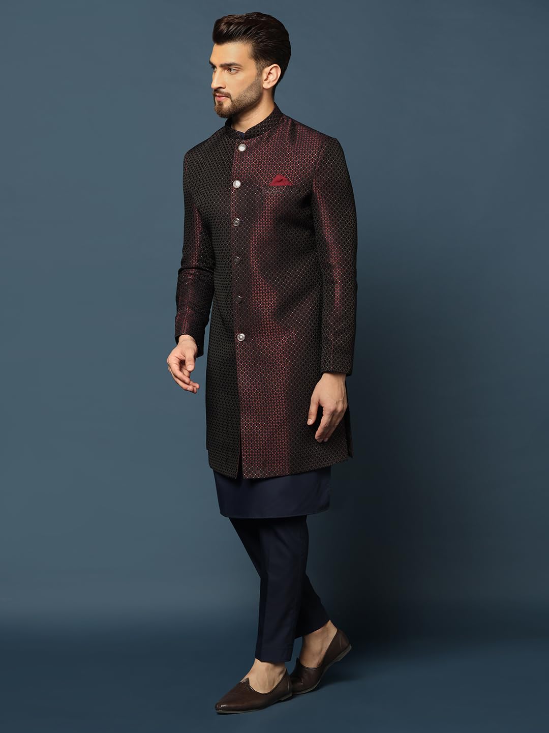 Kisah MenS Maroon And Navy Blue Indo-Western Kurta Sherwani Trousers Set Cotton Full Sleaves, Knee Length, Straight, Regular Fi