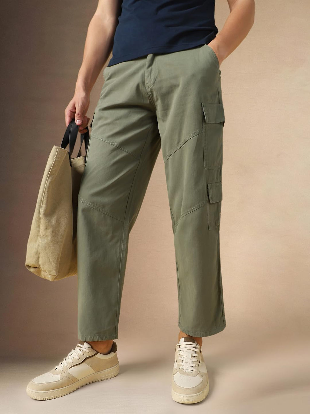 Dennis Lingo Mens Sage Solid Cotton Loose Fit Cargo Trouser