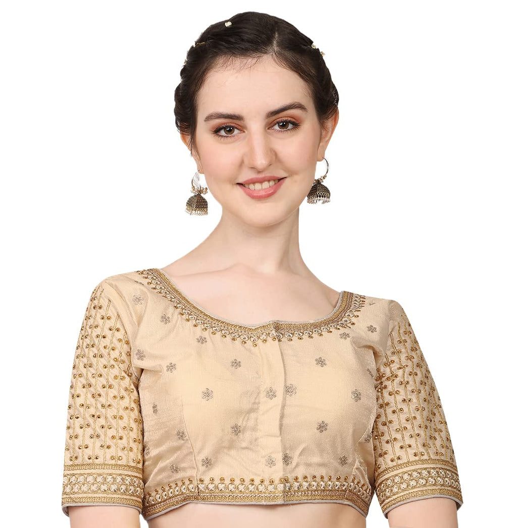 Pujia Mills WomenS Cobra Silk Embroidery Coding Stone Work Half Sleeve Saree Blouse