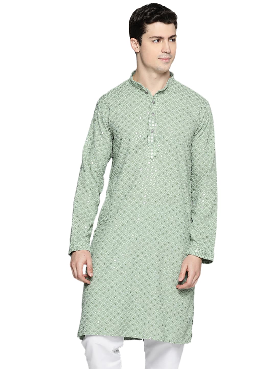Jompers MenS Chikankari Embroidered And Sequence Kurtas (Pista, M)