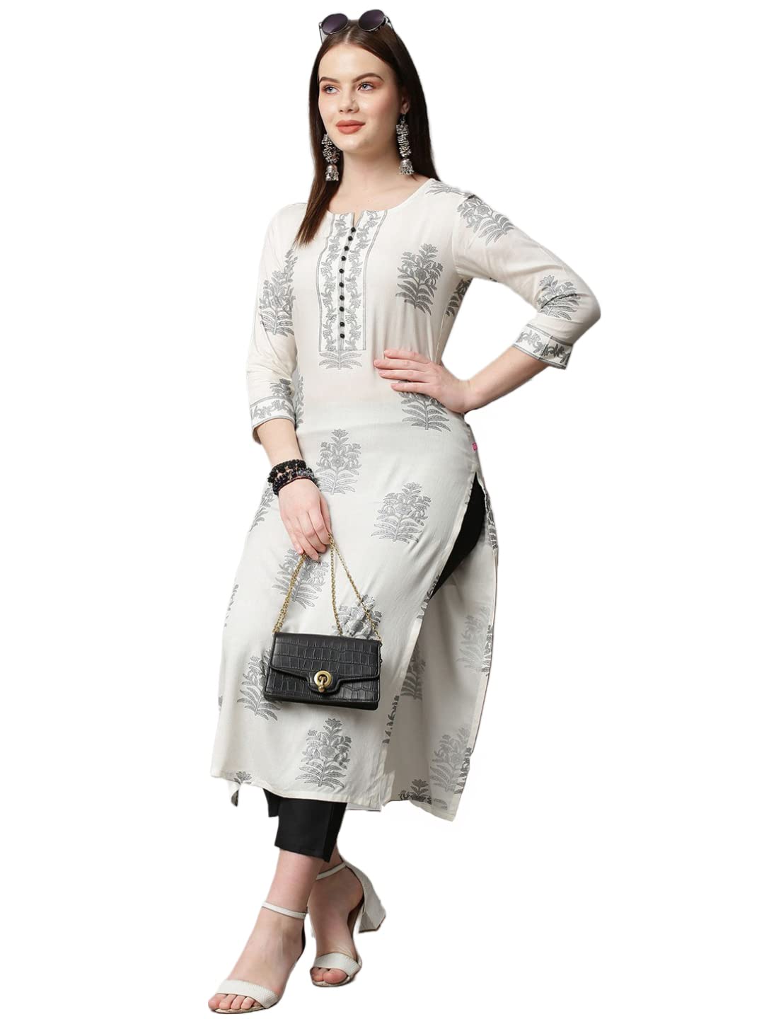 ANNI DESIGNER Womens Cotton Blend Traditional Straight Printed Kurta and Pant Set (12 AMD White_S_White_Small)