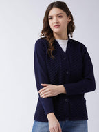 Pivl Womens Blended V-Neck Cardigan Sweater (PV502_Navy