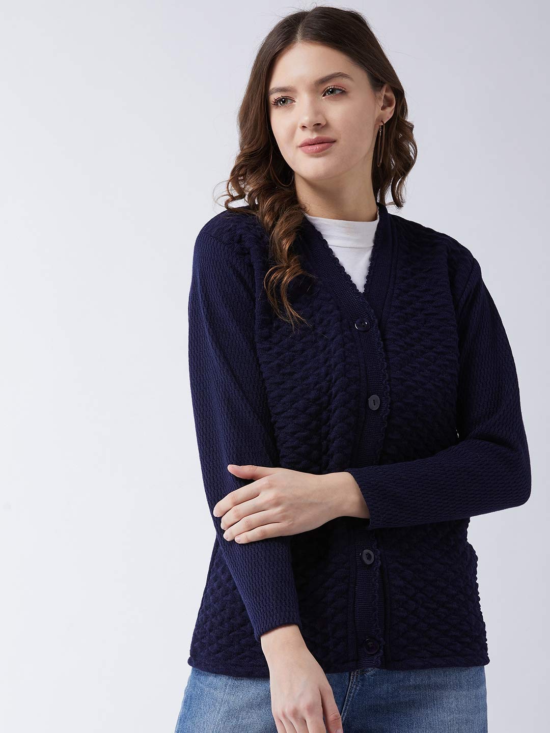 Pivl Womens Blended V-Neck Cardigan Sweater (PV502_Navy