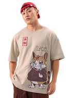 The Souled Store Drippy Cat Men and Boys Short Sleeves Round Neck Graphic Printed Cotton Oversized T-Shirts Beige
