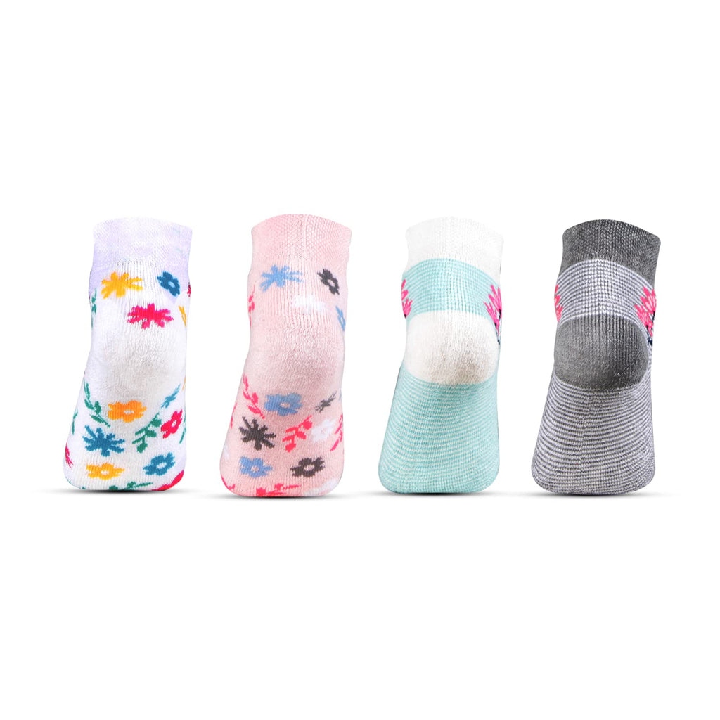 Bonjour Designer Sports Cushioned/Terry Ankle Length Socks for Kids- Girls- Pack Of 4