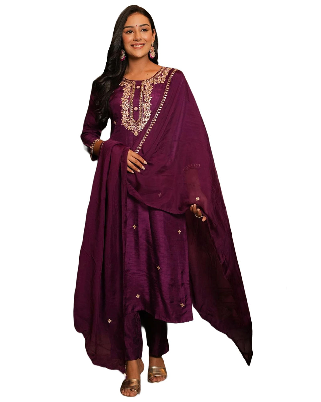 ANNI DESIGNER Womens Rayon Blend Straight Embroidered Kurta with Pant & Dupatta (ARJU Wine_S_Wine_Small)