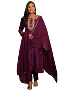 ANNI DESIGNER Womens Rayon Blend Straight Embroidered Kurta with Pant & Dupatta (ARJU Wine_S_Wine_Small)